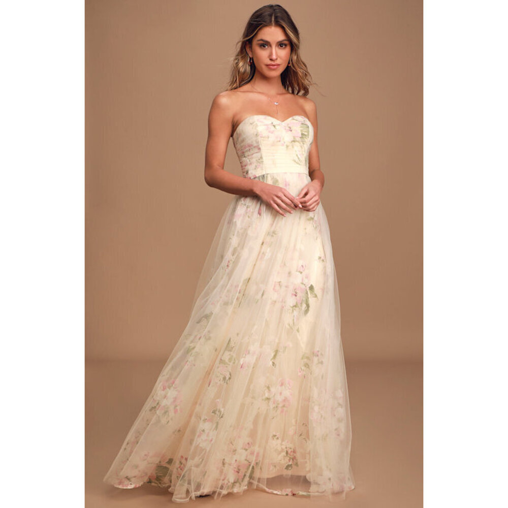 Lulu's Floral Strapless Maxi Dress - Cream and Pink